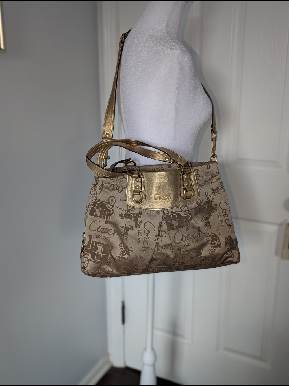 Coach Ashley Signature Jacquard 2-Way Bag with Metallic Gold Leather Trim